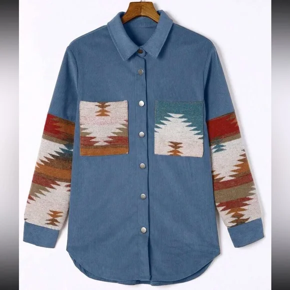 Cozy Boho Oversized Aztec Print Pocket Corduroy Jacket Shacket Button Down Shirt - Picture 4 of 7